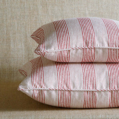 Designer Fermoie cushion stack in Red Ticking handmade