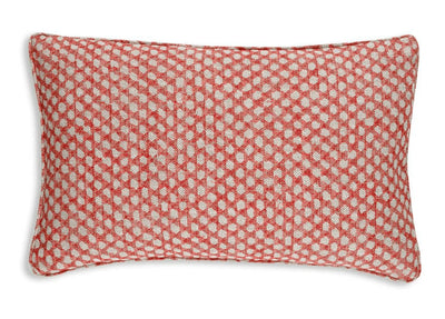 Large oblong designer Fermoie cushion in Red Wicker linen fabric