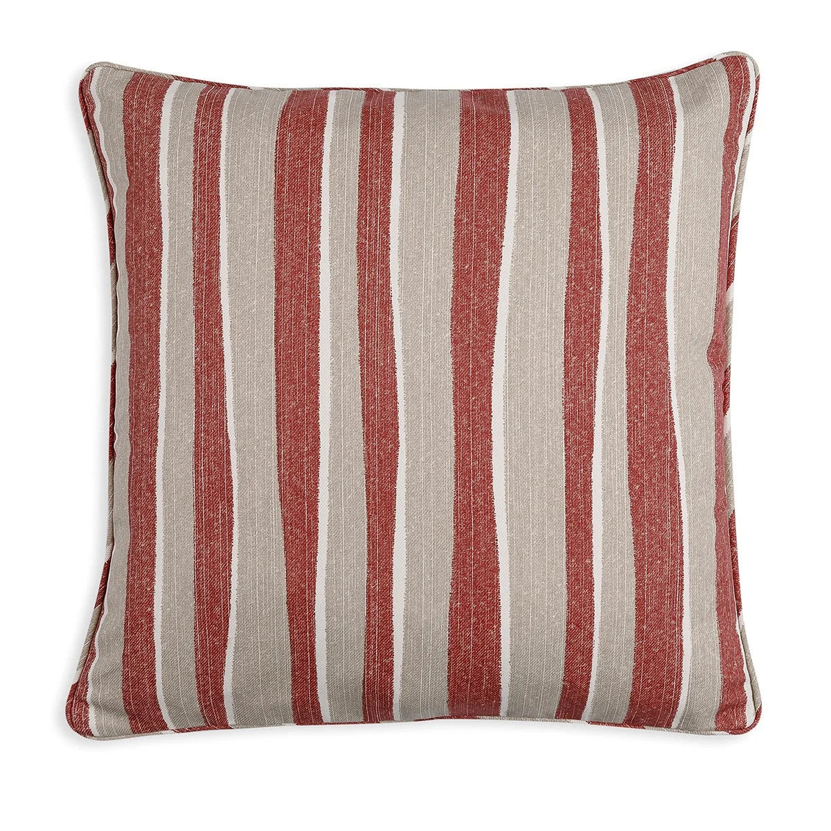 Large square designer Fermoie cushion in Red and Neutral Orchard Stripe fabric made from recycled polyester for indoor and outdoor use