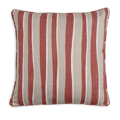 Large square designer Fermoie cushion in Red and Neutral Orchard Stripe fabric made from recycled polyester for indoor and outdoor use