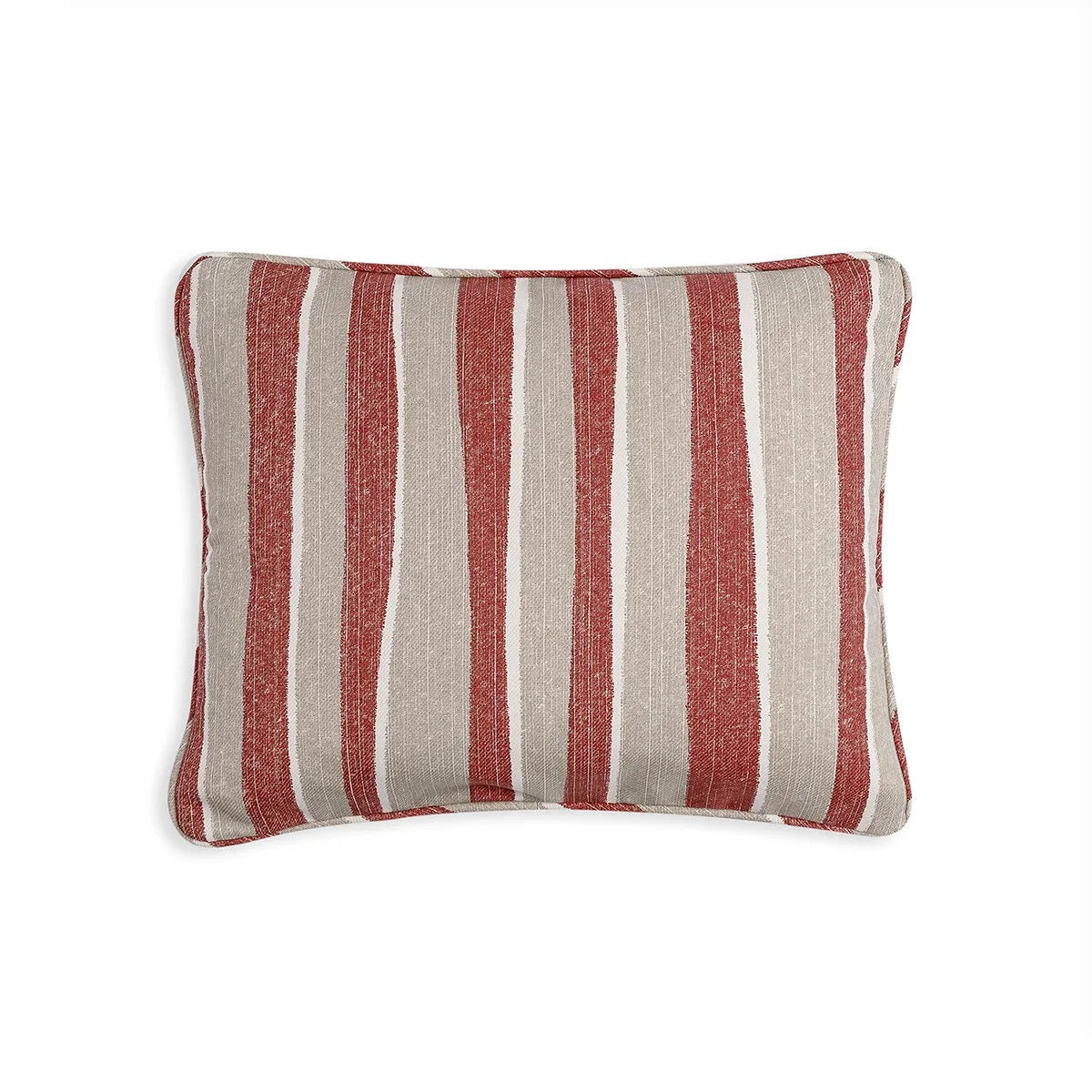 Small oblong designer Fermoie cushion in Red and Neutral Orchard Stripe fabric made from recycled polyester for indoor and outdoor use
