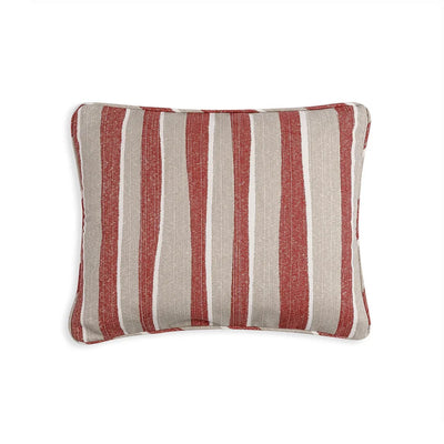 Small oblong designer Fermoie cushion in Red and Neutral Orchard Stripe fabric made from recycled polyester for indoor and outdoor use
