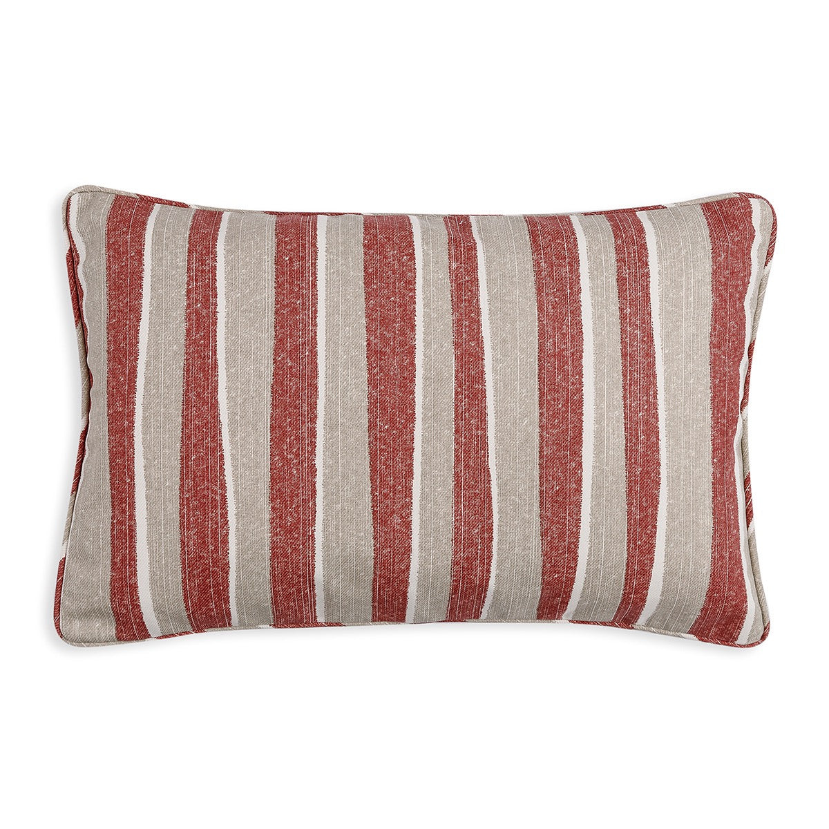 Large oblong designer Fermoie cushion in Red and Neutral Orchard Stripe fabric made from recycled polyester for indoor and outdoor use