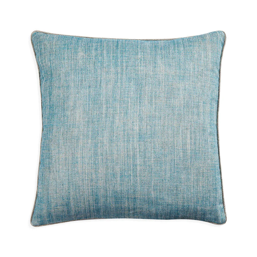 Large square designer Fermoie cushion in Ringabella blue linen fabric