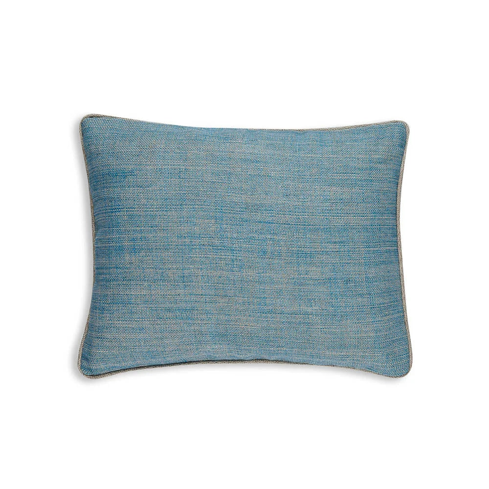 Small oblong designer Fermoie cushion in Ringabella blue linen fabric