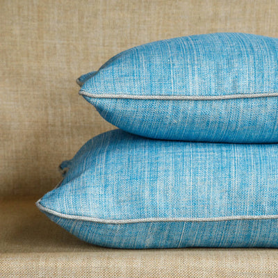 Designer Fermoie cushion stack in Ringabella blue linen fabric