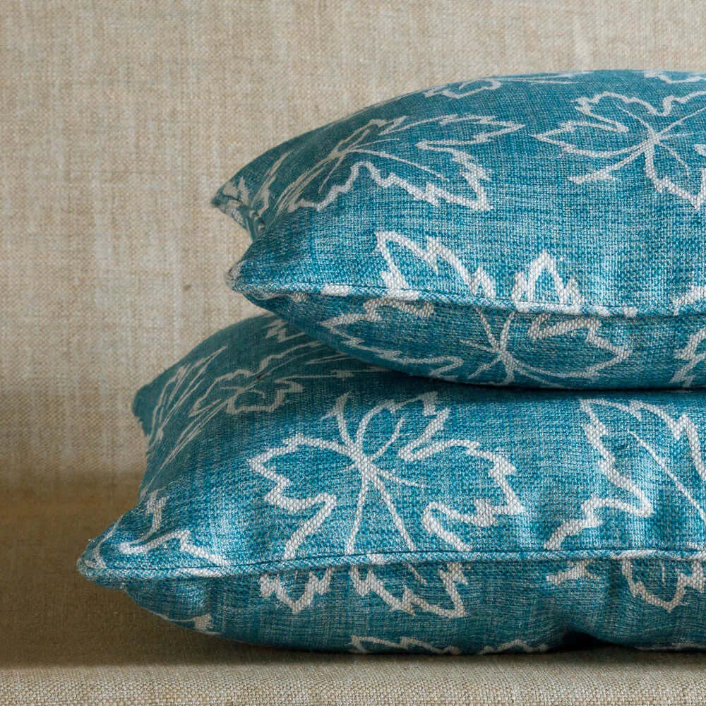 Designer Fermoie cushion stack in Teal Maple linen fabric