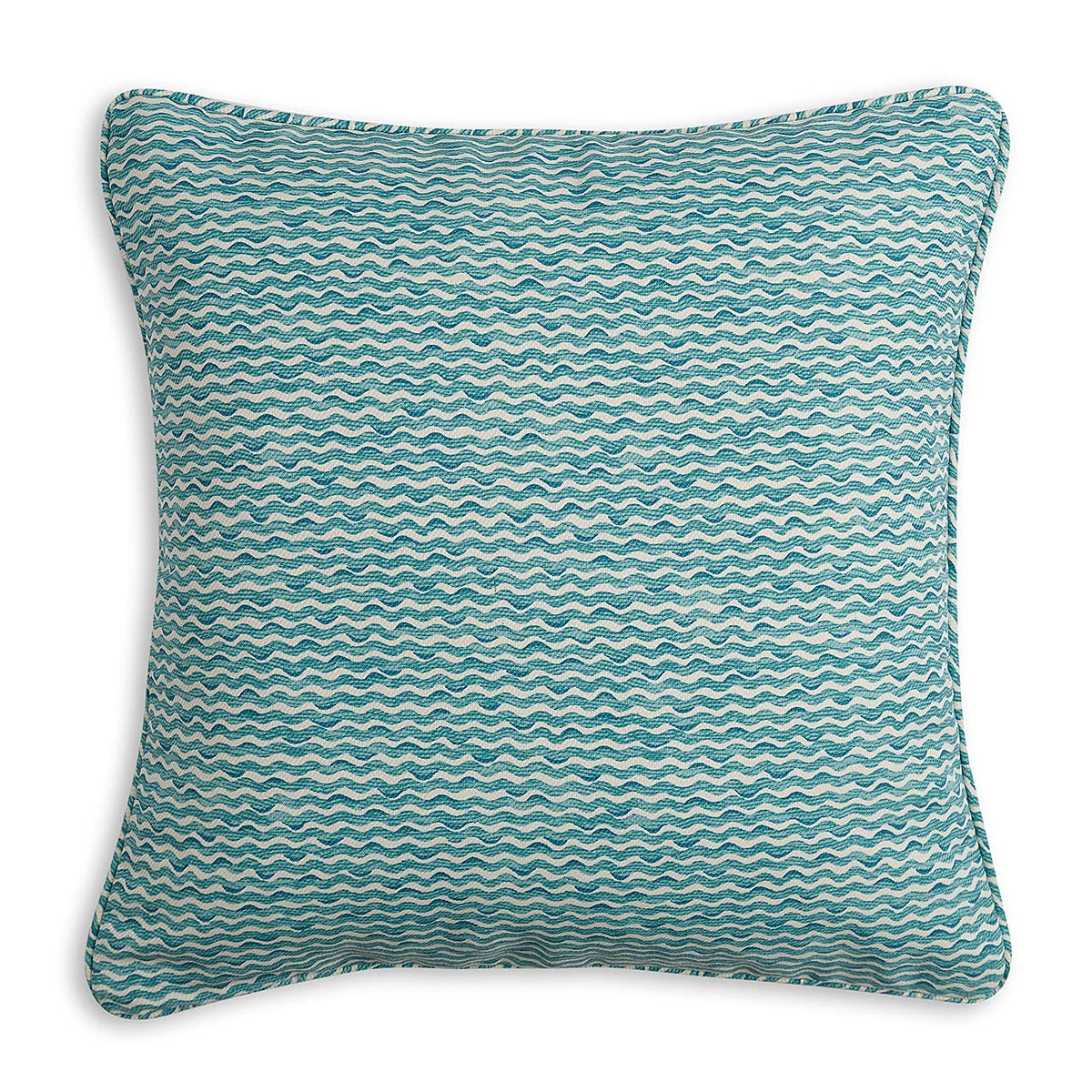 Small square designer Fermoie cushion in Teal Popple fabric made from recycled polyester for indoor and outdoor use