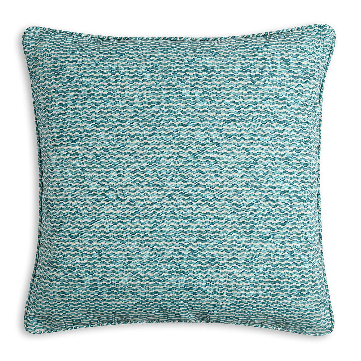 Large square designer Fermoie cushion in Teal Popple fabric made from recycled polyester for indoor and outdoor use