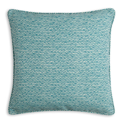 Large square designer Fermoie cushion in Teal Popple fabric made from recycled polyester for indoor and outdoor use