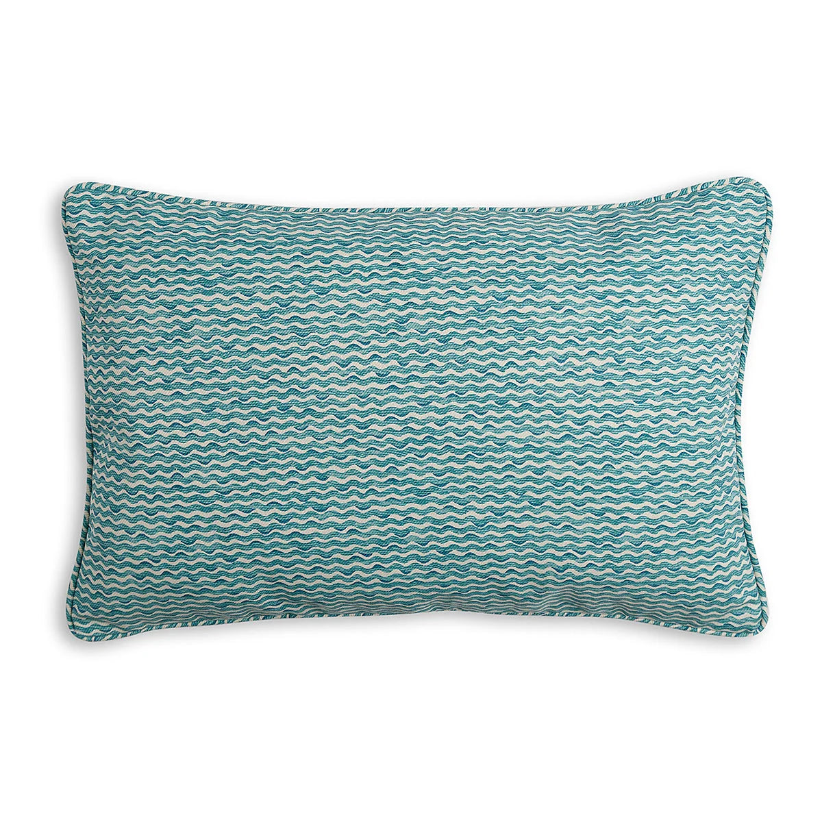 Large oblong designer Fermoie cushion in Teal Popple fabric made from recycled polyester for indoor and outdoor use
