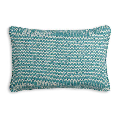 Large oblong designer Fermoie cushion in Teal Popple fabric made from recycled polyester for indoor and outdoor use