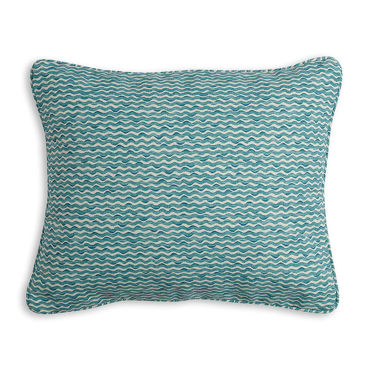 Small oblong designer Fermoie cushion in Teal Popple fabric made from recycled polyester for indoor and outdoor use
