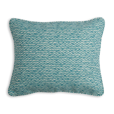 Small oblong designer Fermoie cushion in Teal Popple fabric made from recycled polyester for indoor and outdoor use