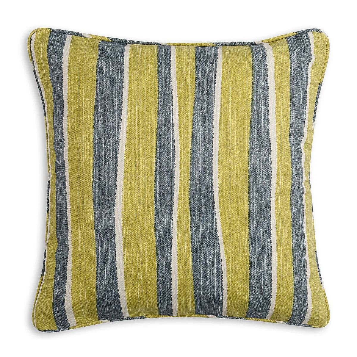 Small square designer Fermoie cushion in Yellow and Blue Orchard Stripe fabric made from recycled polyester for indoor and outdoor use