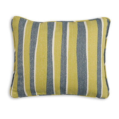 Small oblong designer Fermoie cushion in Yellow and Blue Orchard Stripe fabric made from recycled polyester for indoor and outdoor use
