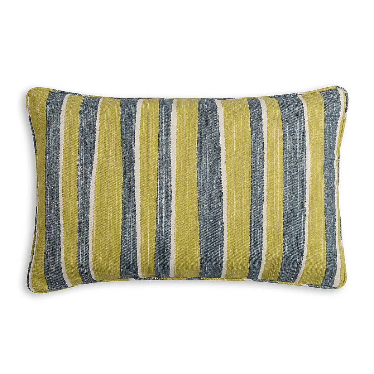 Large oblong designer Fermoie cushion in Yellow and Blue Orchard Stripe fabric made from recycled polyester for indoor and outdoor use