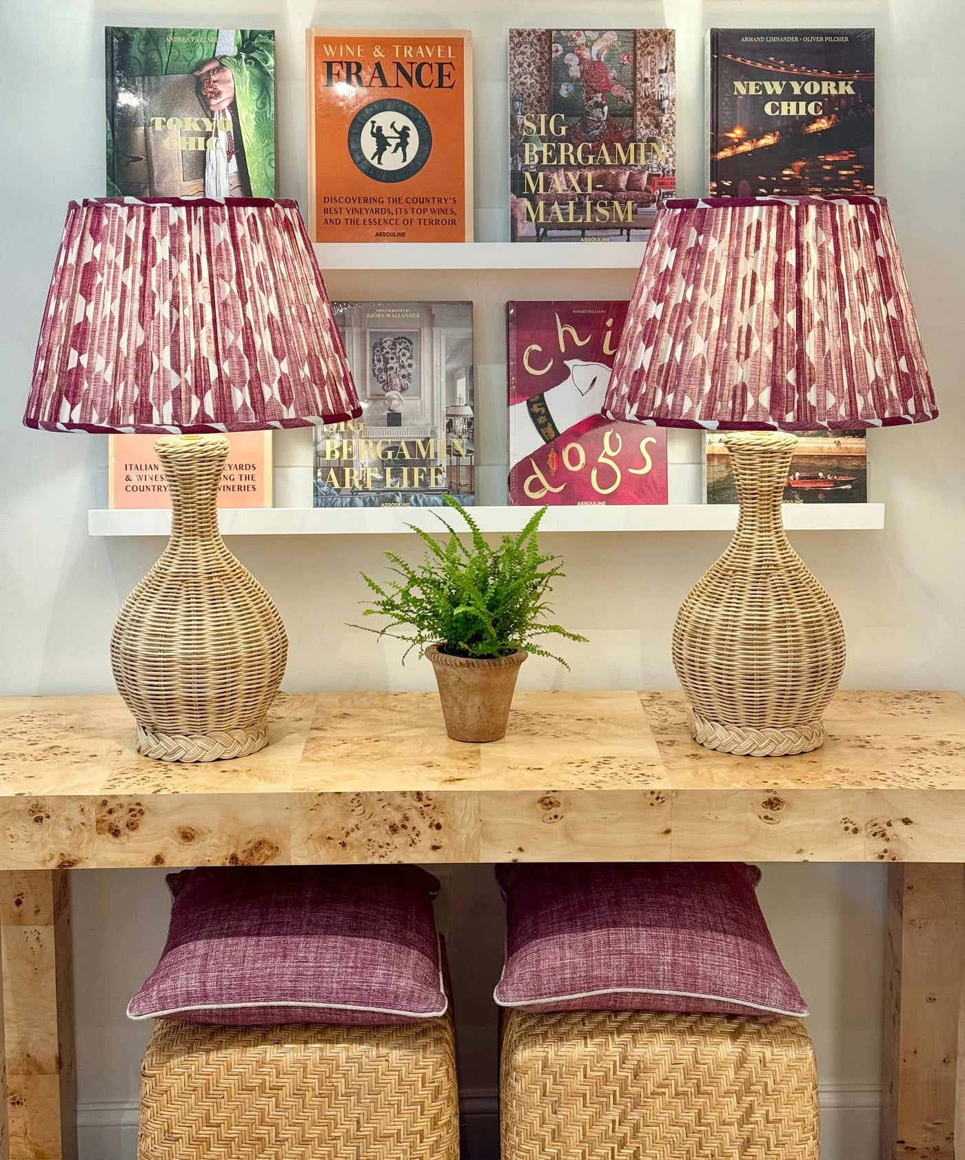 Fermoie Fuchsia Whittle Lampshades on Whitehaven Rattan Table Lamps