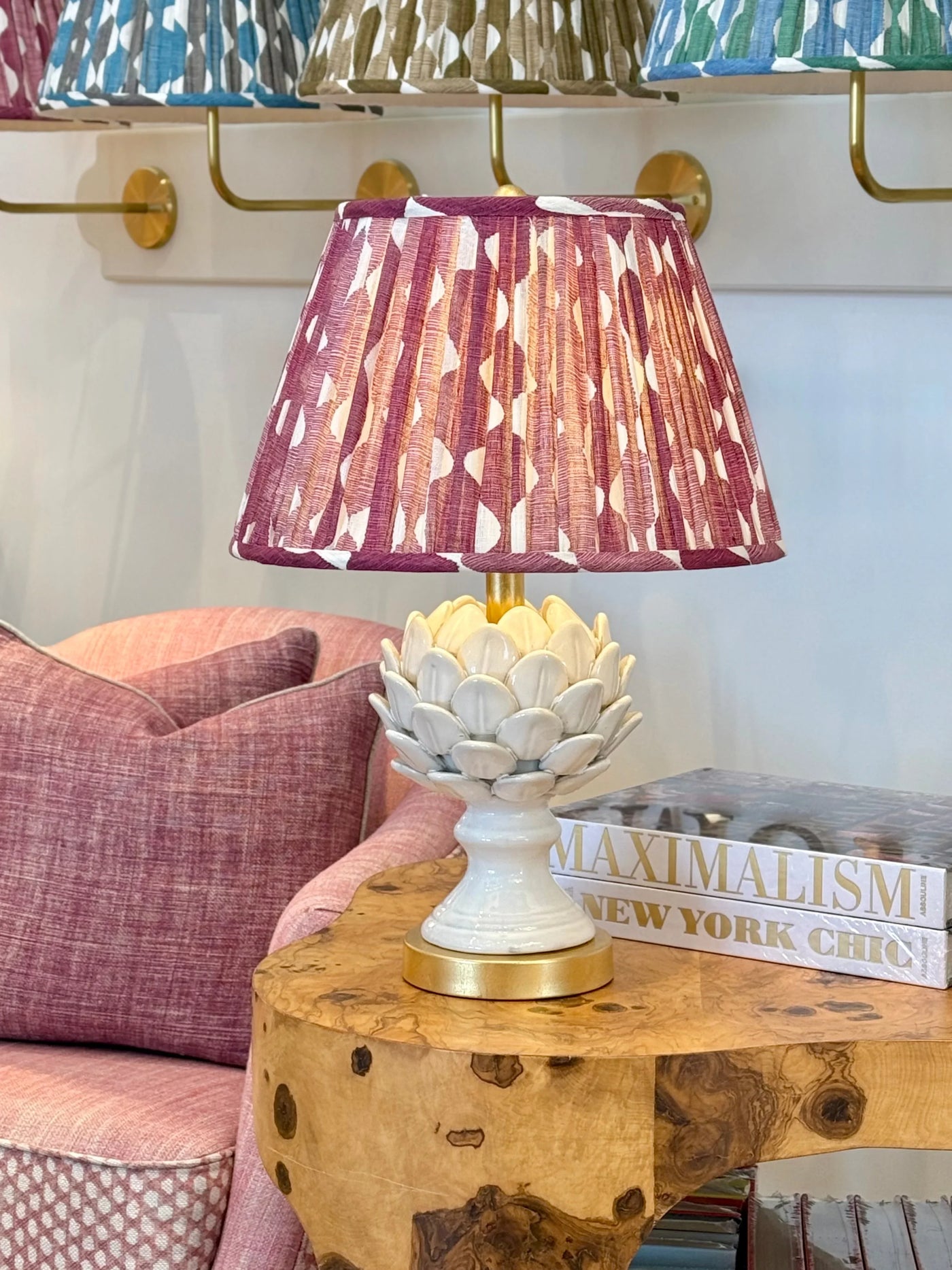 Fermoie Fuchsia Whittle Lampshade on white Leafy Artichoke Ceramic Table Lamp