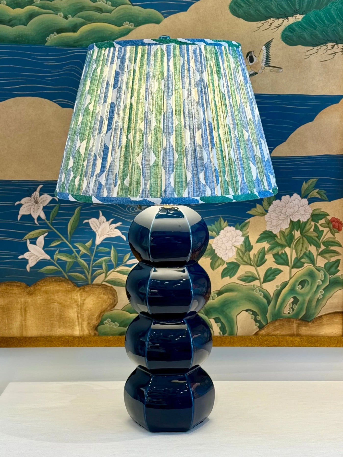 Fermoie Green & Blue Whittle Lampshade Vignette on Hwang Bishop Barnacle lamp