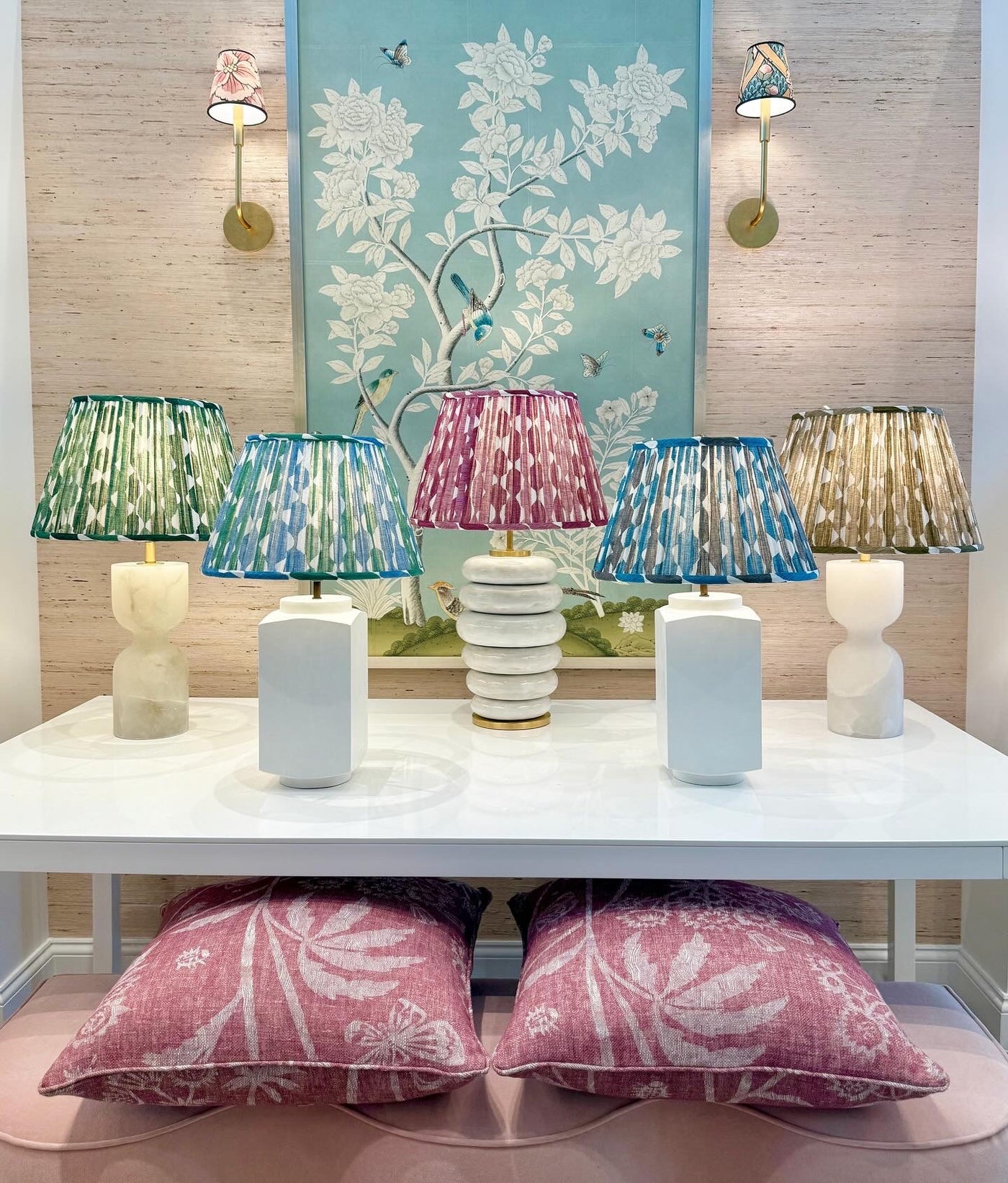 Fermoie Whittle Lampshade Vignette paired with white Shade Shop lamps