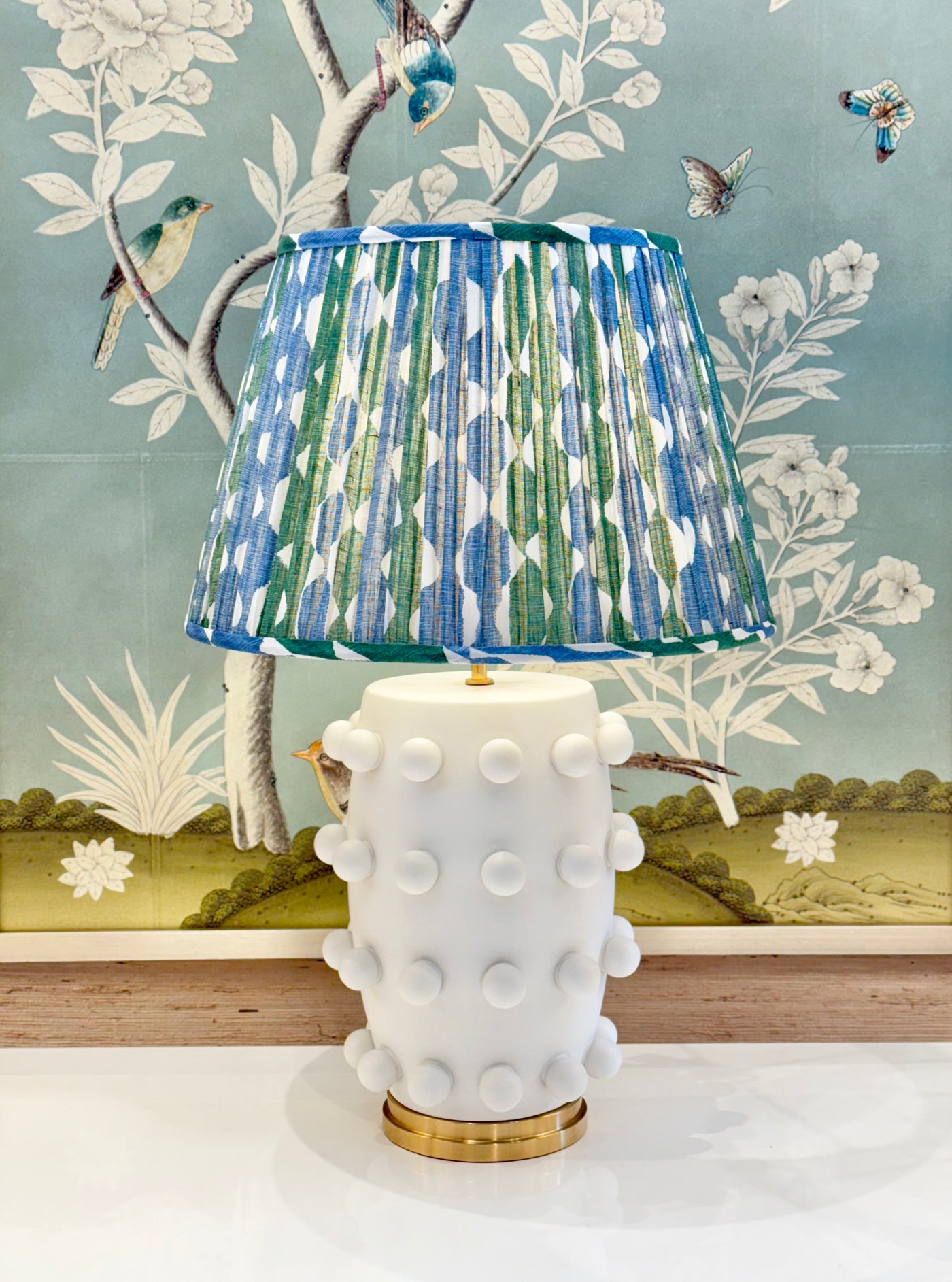 Fermoie Green & Blue Whittle Lampshade on White Linden Medium Table Lamp
