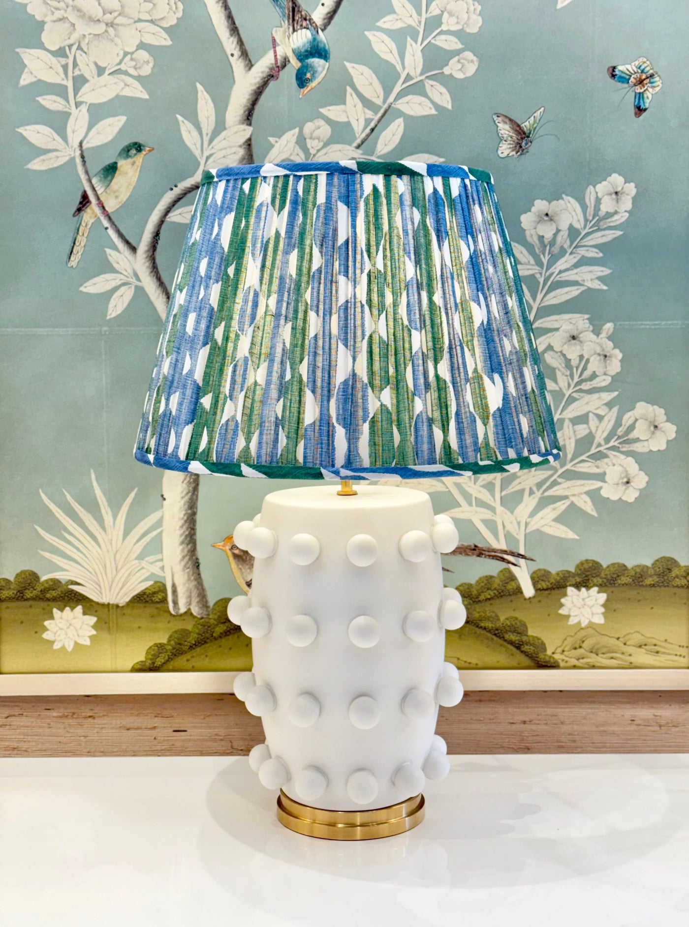 Fermoie Green & Blue Whittle Lampshade on White Linden Medium Table Lamp