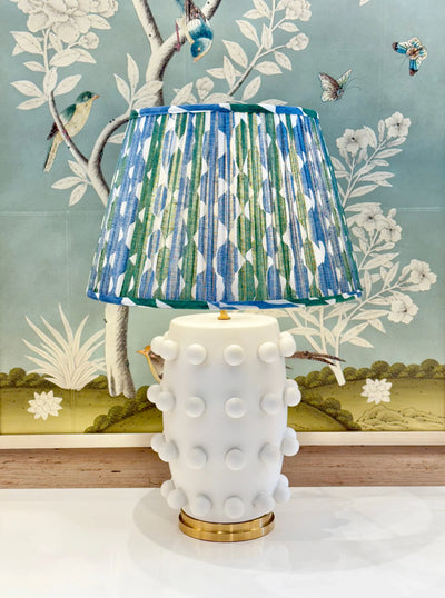 Fermoie Green & Blue Whittle Lampshade on White Linden Medium Table Lamp