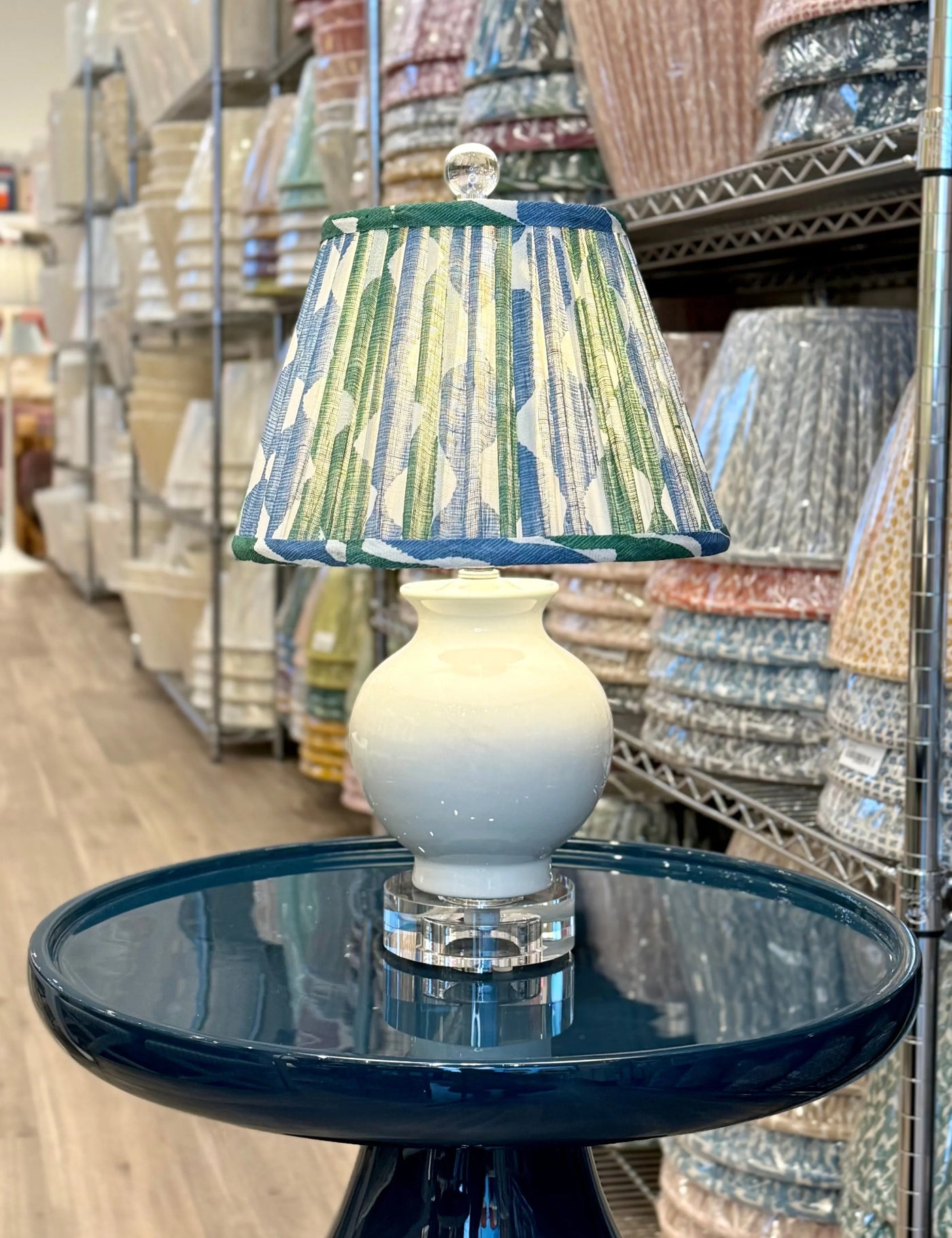 Fermoie Green & Blue Whittle Lampshade on Mini White Porcelain Lamp