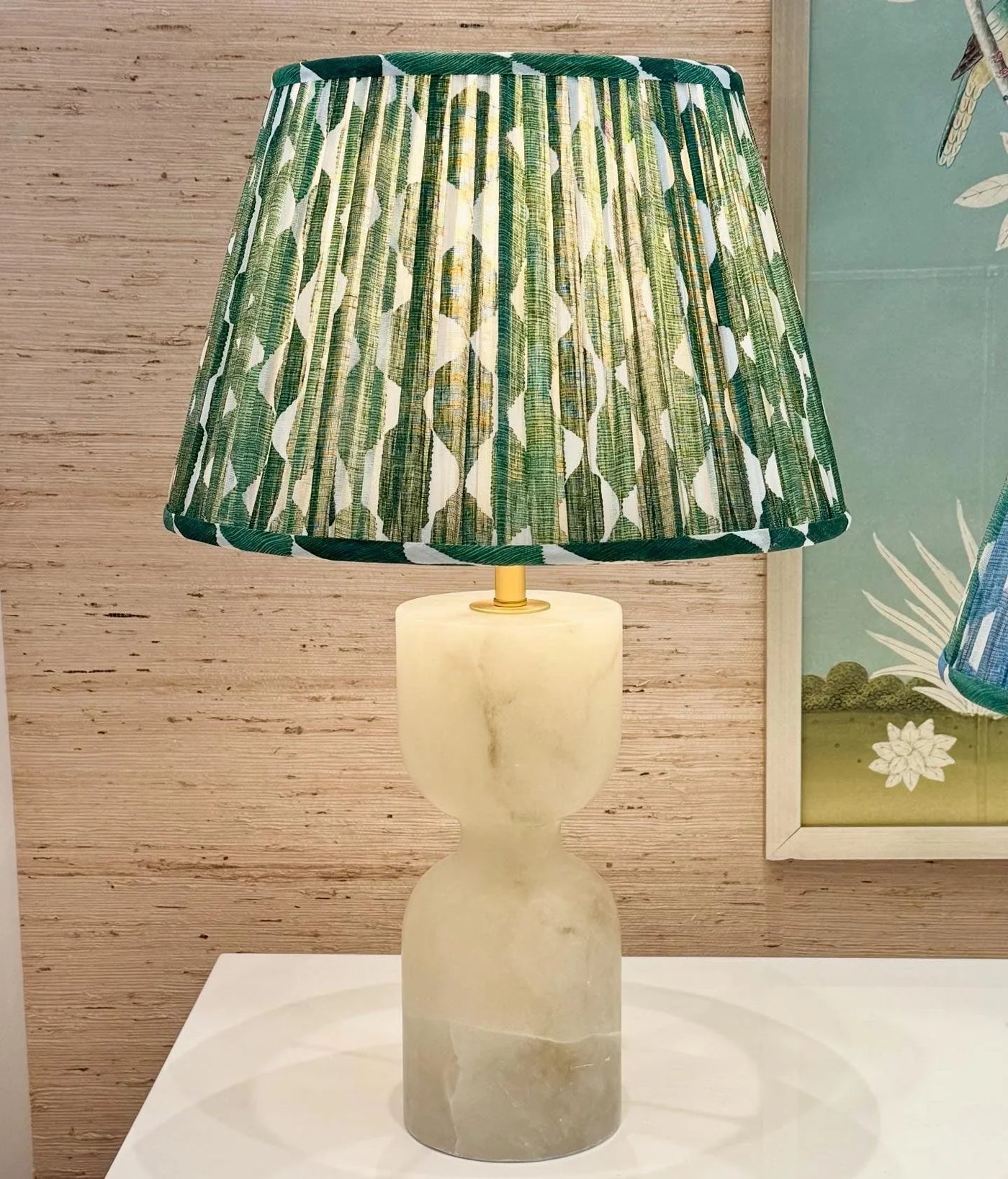 Fermoie Green Whittle Lampshade on Joan Alabaster Table Lamp