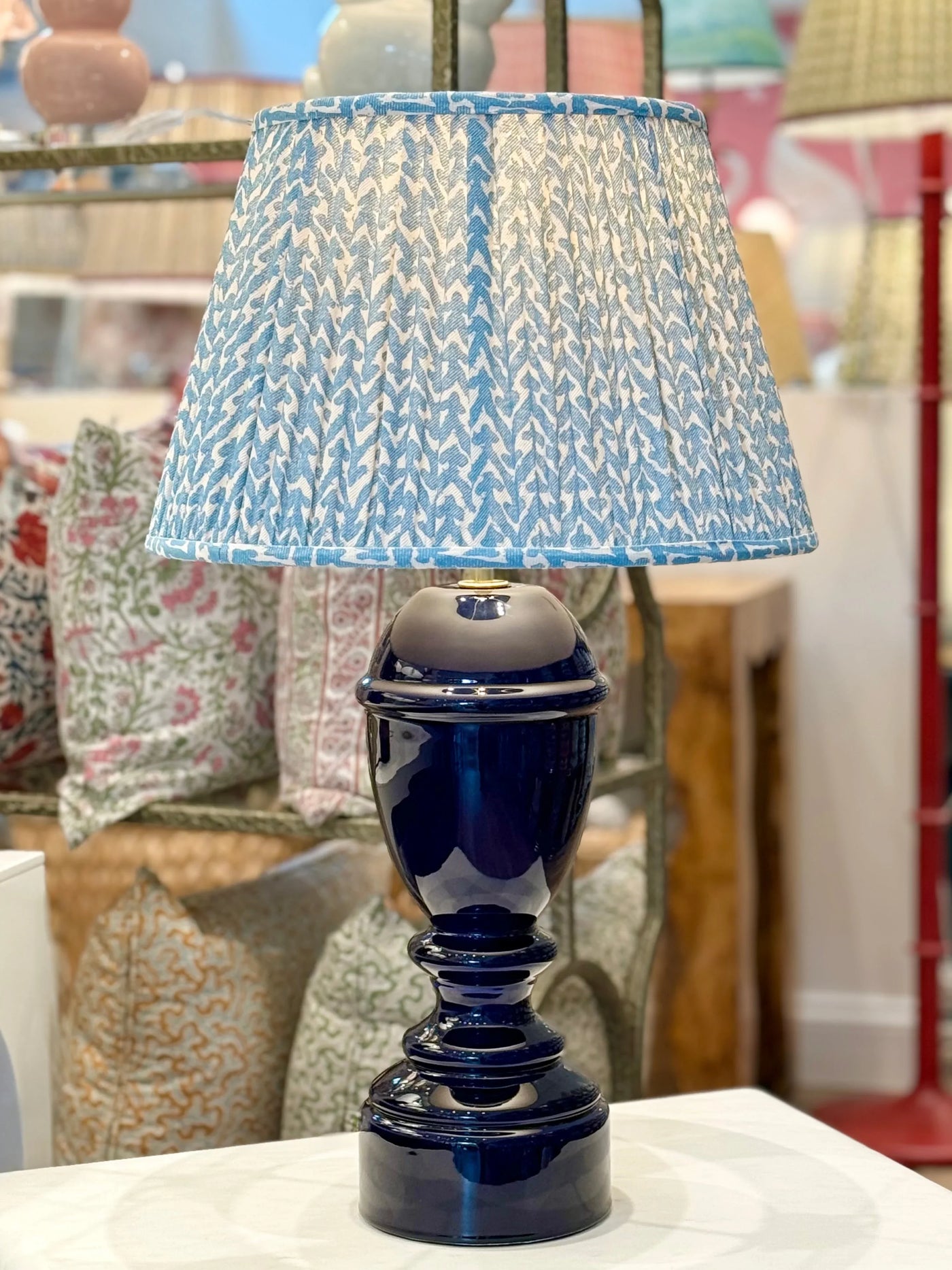 Fisher Ceramic Table Lamp in Blue with blue rabanna lampshade