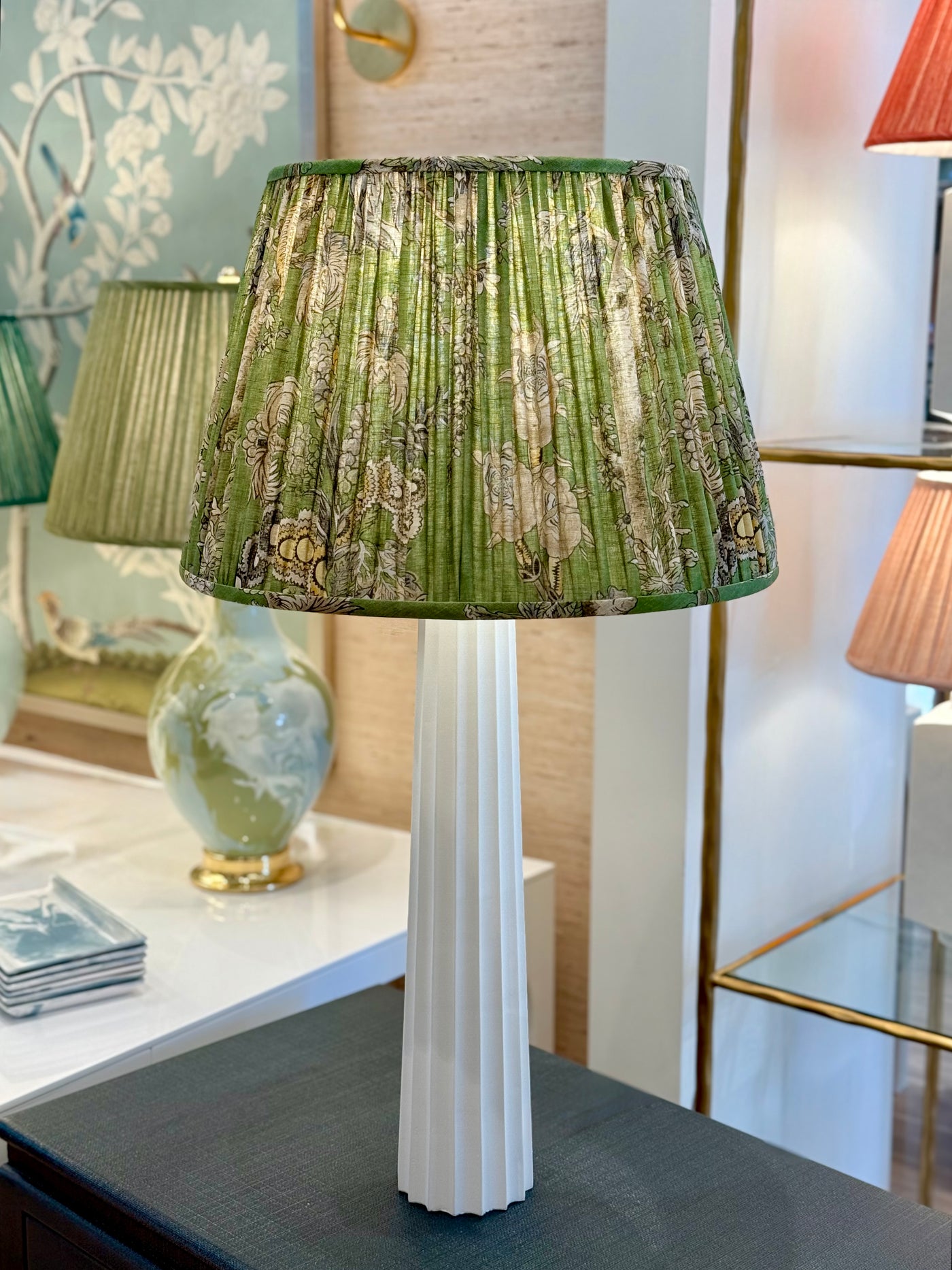 Fluted Spire Large Table Lamp in Plaster White paired with Thibaut - Chatelain in Green Fabric Lampshade