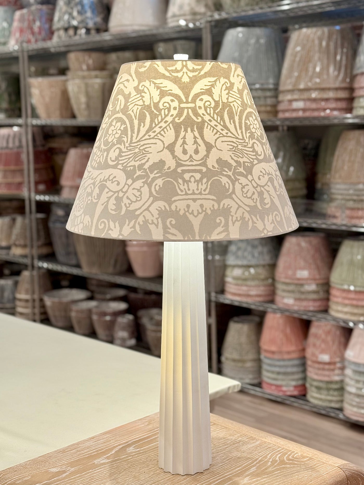 Fluted Spire Large Table Lamp in Plaster White paired with Fortuny - Uccelli in Moonlight & White Fabric Lampshade