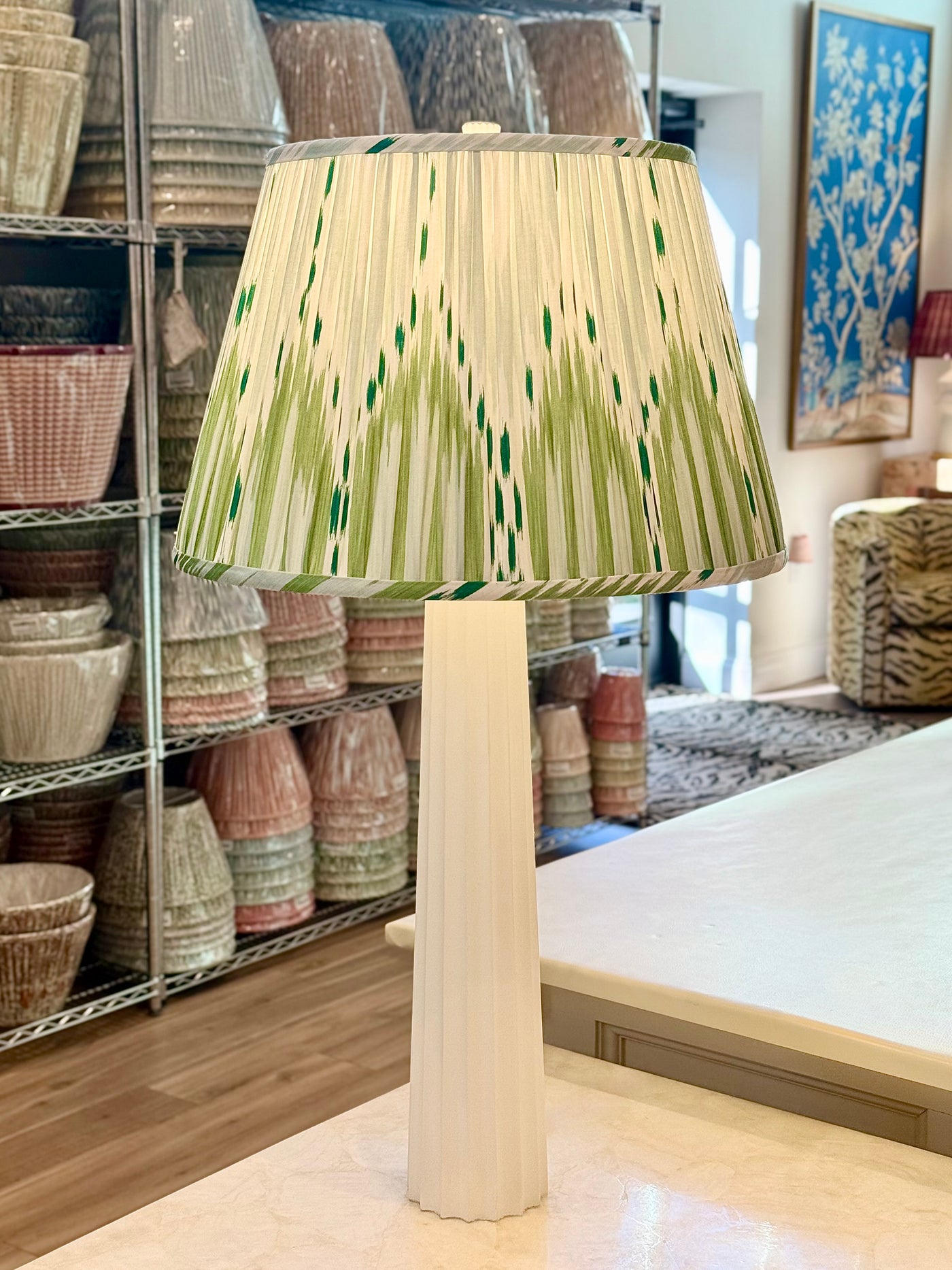 Fluted Spire Large Table Lamp in Plaster White paired with Schumacher - Bukhara Ikat in Mineral Blue & Leaf Green Fabric Lampshade
