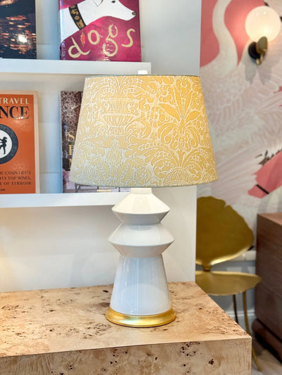 Fortuny - Campanelle in Yellow & Silvery Gold Fabric Lampshade on Hwang Bishop white malibu table lamp