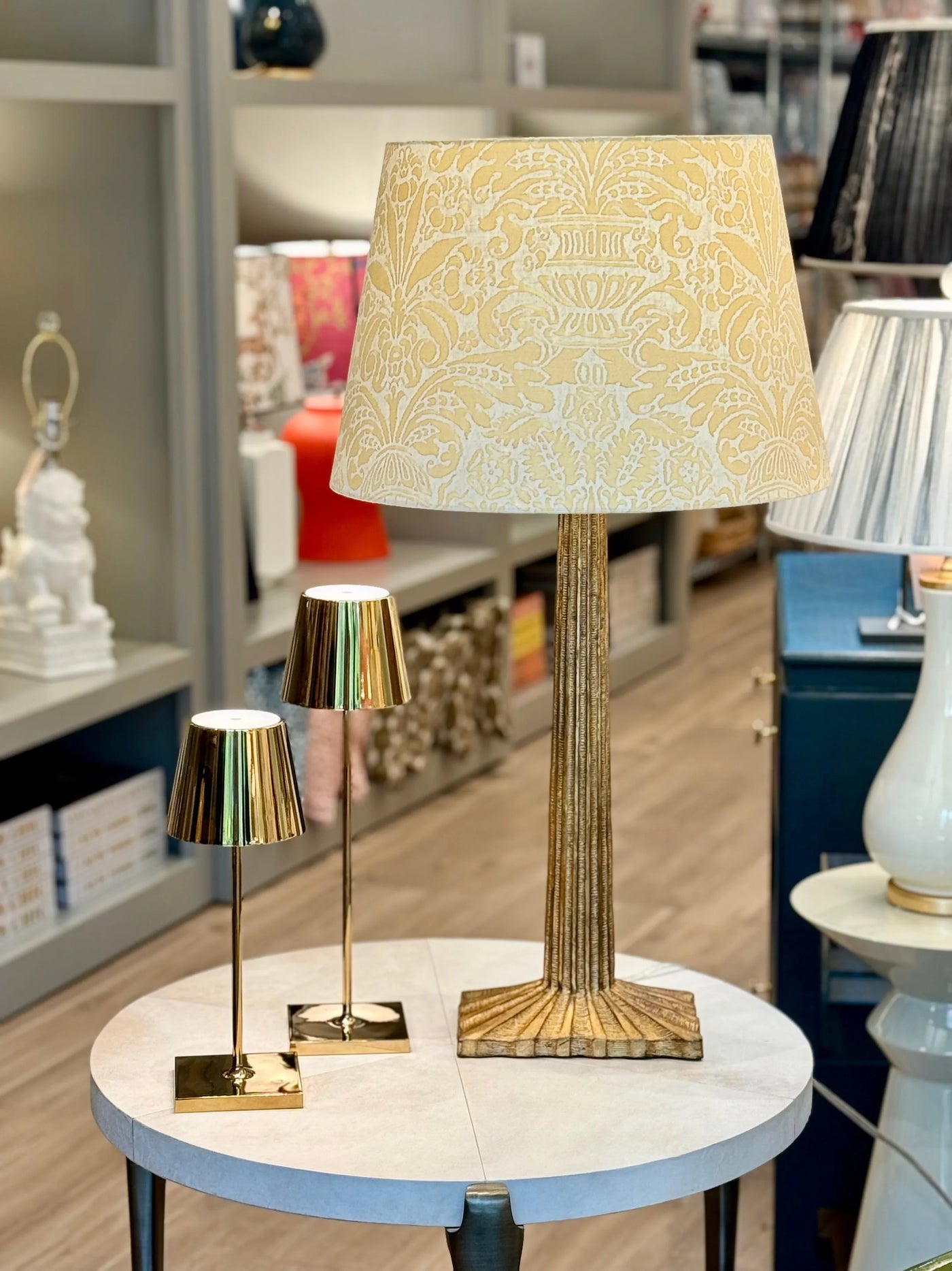 Fortuny - Campanelle in Yellow & Silvery Gold Fabric Lampshade on gold fluted strie lamp