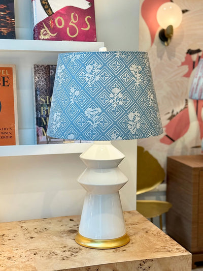Fortuny - Jupon Bouquet in Azure Blue & Warm White Fabric Lampshade on white malibu hwang bishop lamp