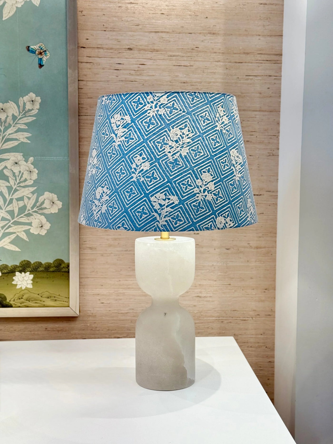 Fortuny - Jupon Bouquet in Azure Blue & Warm White Fabric Lampshade on Joan Alabaster lamp