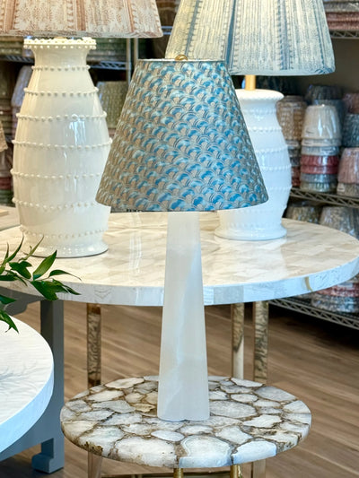 Fortuny - Papiro in Blue Green & Silvery Gold Fabric Lampshade on alabaster lamp