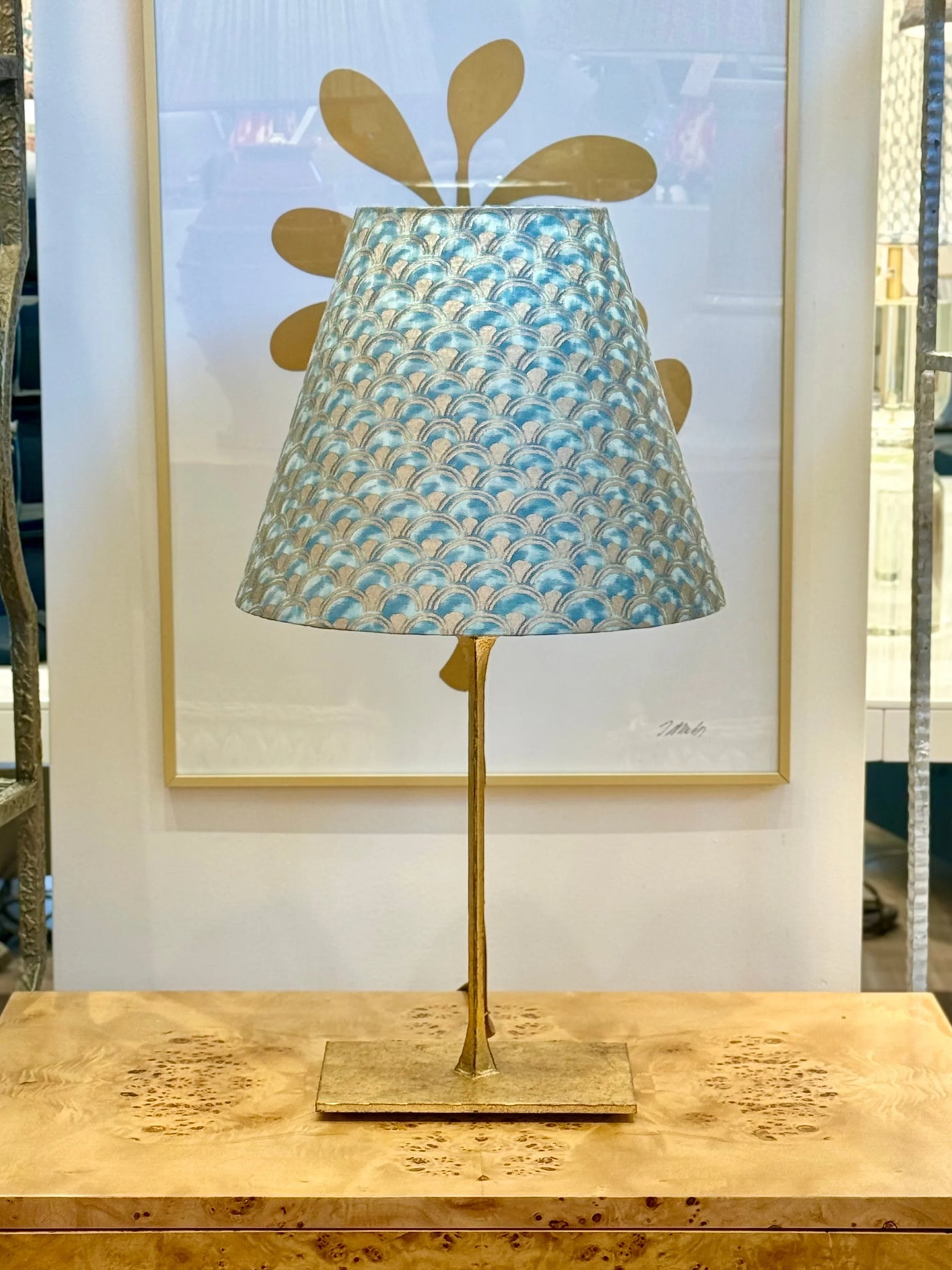 Fortuny - Papiro in Blue Green & Silvery Gold Fabric Lampshade on Dauphine bedside lamp