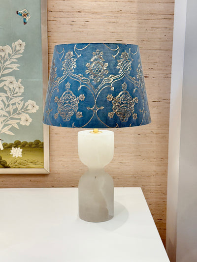 Fortuny - Veronese in Blue & Silvery Sky Fabric Lampshade on Joan Alabaster table lamp