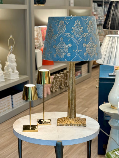 Fortuny - Veronese in Blue & Silvery Sky Fabric Lampshade on gold fluted strie  lamp