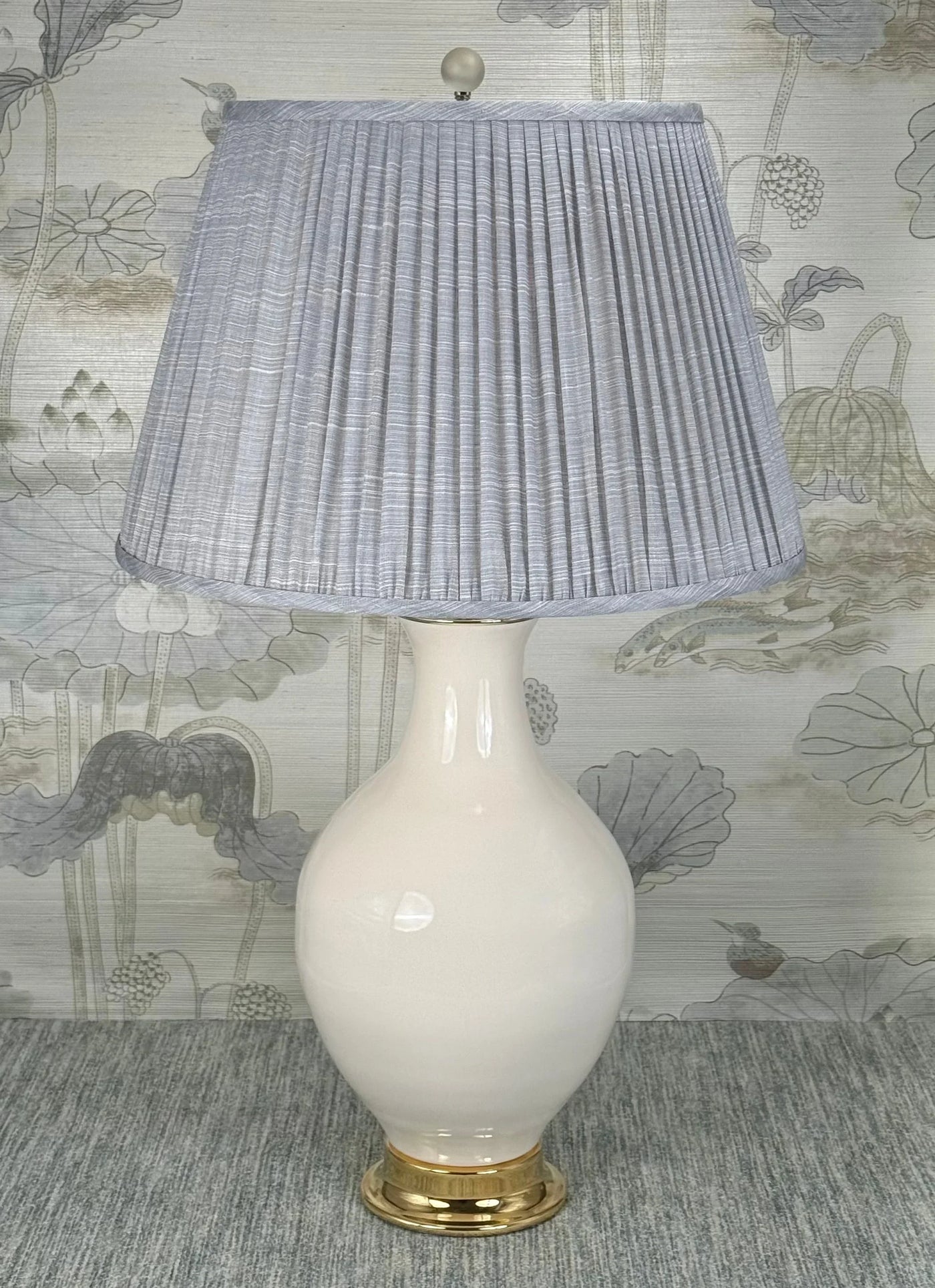 Frosted Ball Polished Nickel Finial 30mm styled with a Fermoie strie lampshade on a Paul Schneider Athens ceramic lamp