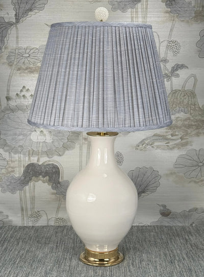 Genuine Hand-Carved Bone lamp finial styled with a Fermoie strie lampshade on a Paul Schneider Athens ceramic lamp
