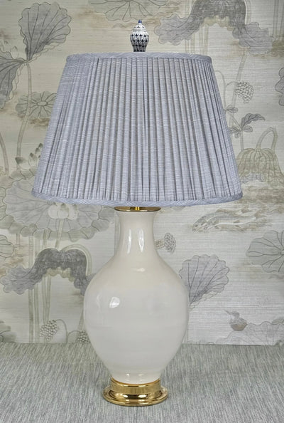 Ginger Jar Finial lamp finial styled with a Fermoie strie lampshade on a Paul Schneider Athens ceramic lamp