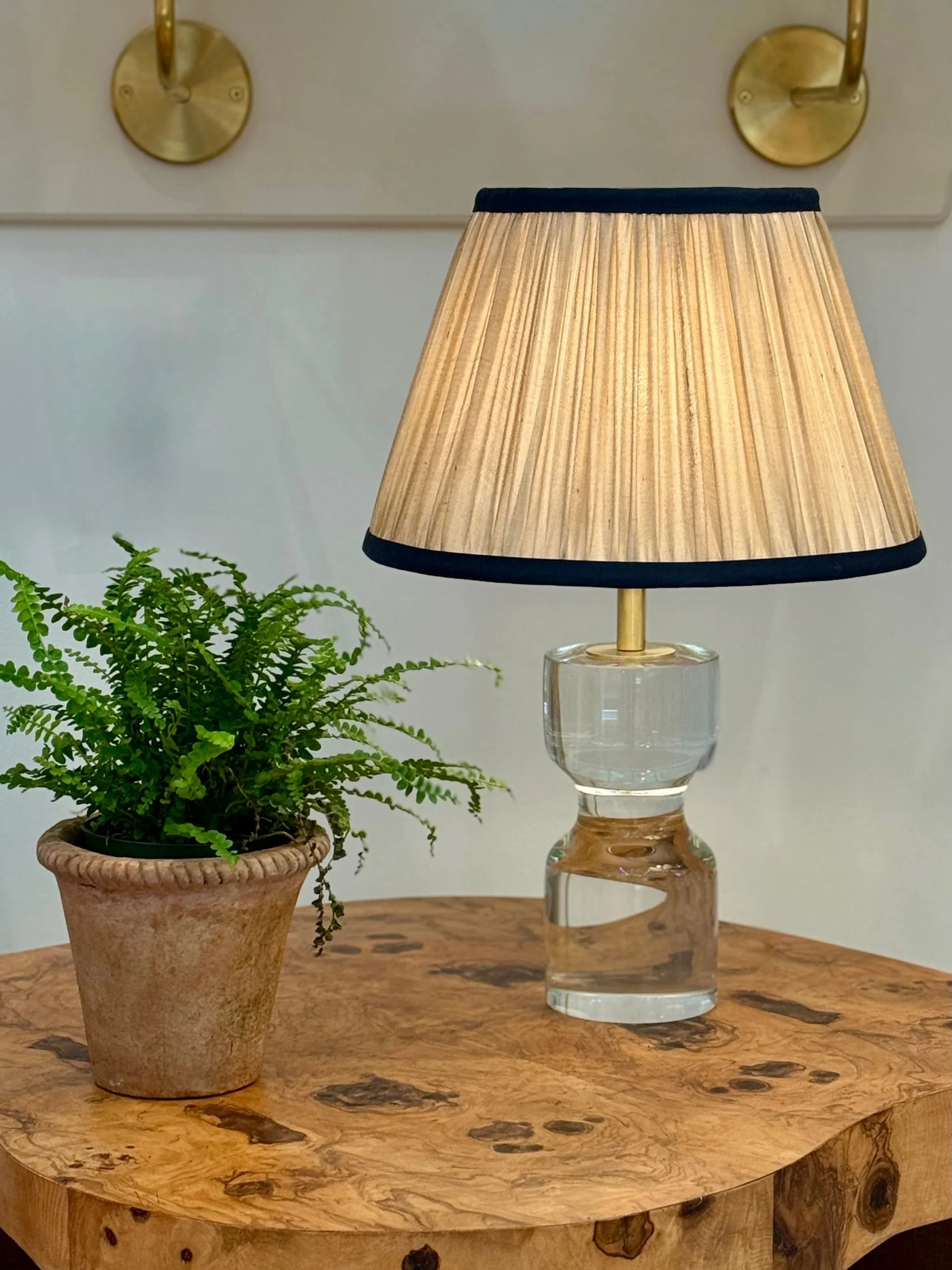 Gold Sari Lampshade with Navy Silk Trim on small joan crystal lamp