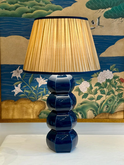 Gold Sari Lampshade with Navy Silk Trim on Hwang Bishop Blue Barnacle Lamp