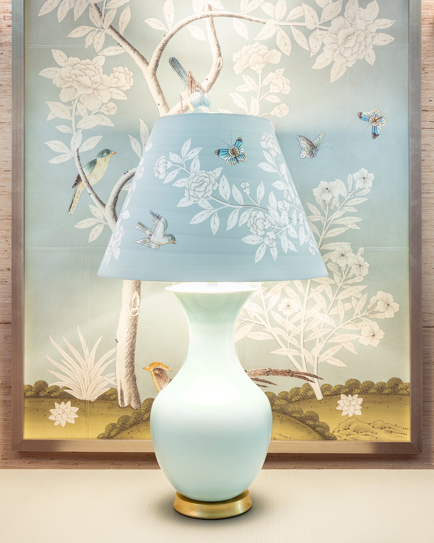 Gracie Studio - Hand-Painted Hampton Garden Paper Lampshade on Hwang Bishop Blue Celadon Empress Lamp 