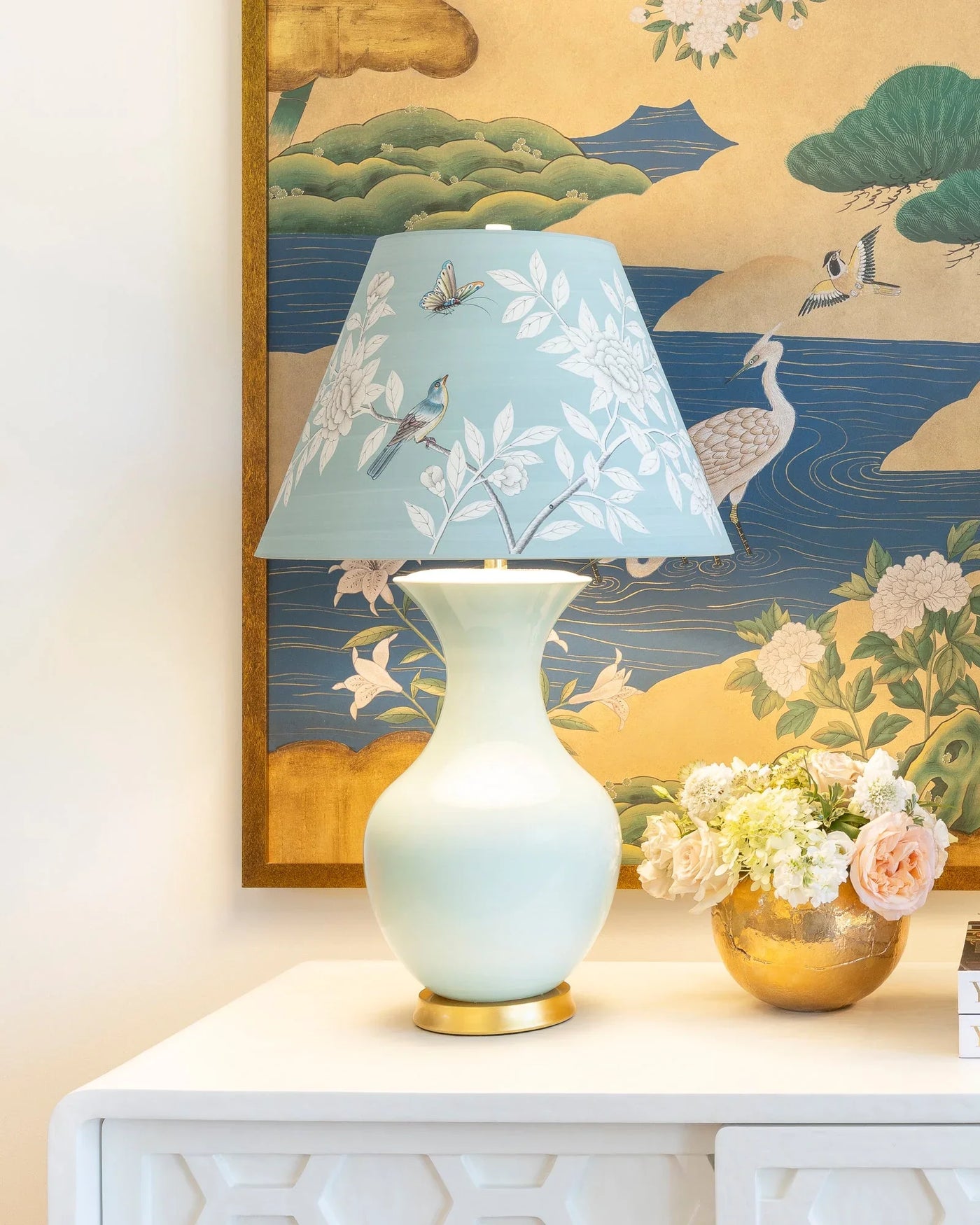 Gracie Studio - Hand-Painted Hampton Garden Paper Lampshade on Hwang Bishop Blue Celadon Empress Lamp 