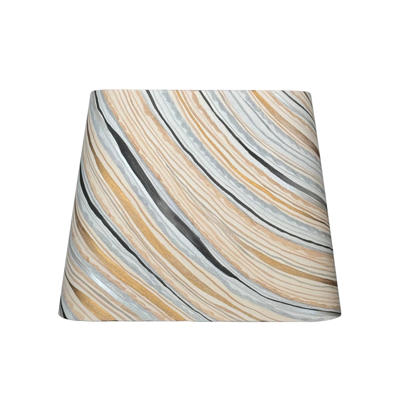 Rectangular lamp shade with hand-painted marble wallpaper in gold, blue, and grey